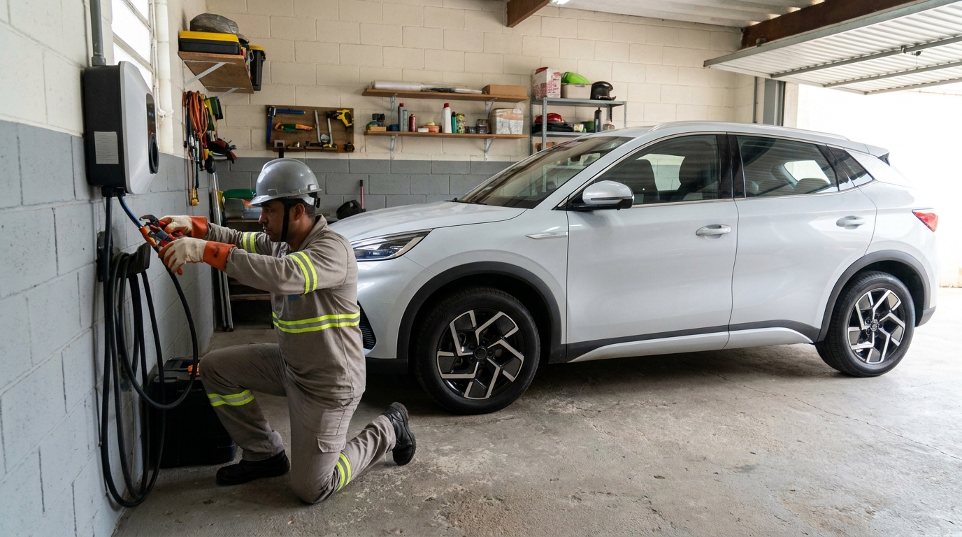 Eletricista instalando carregador de carro eletrico em Itajaí‑SC
