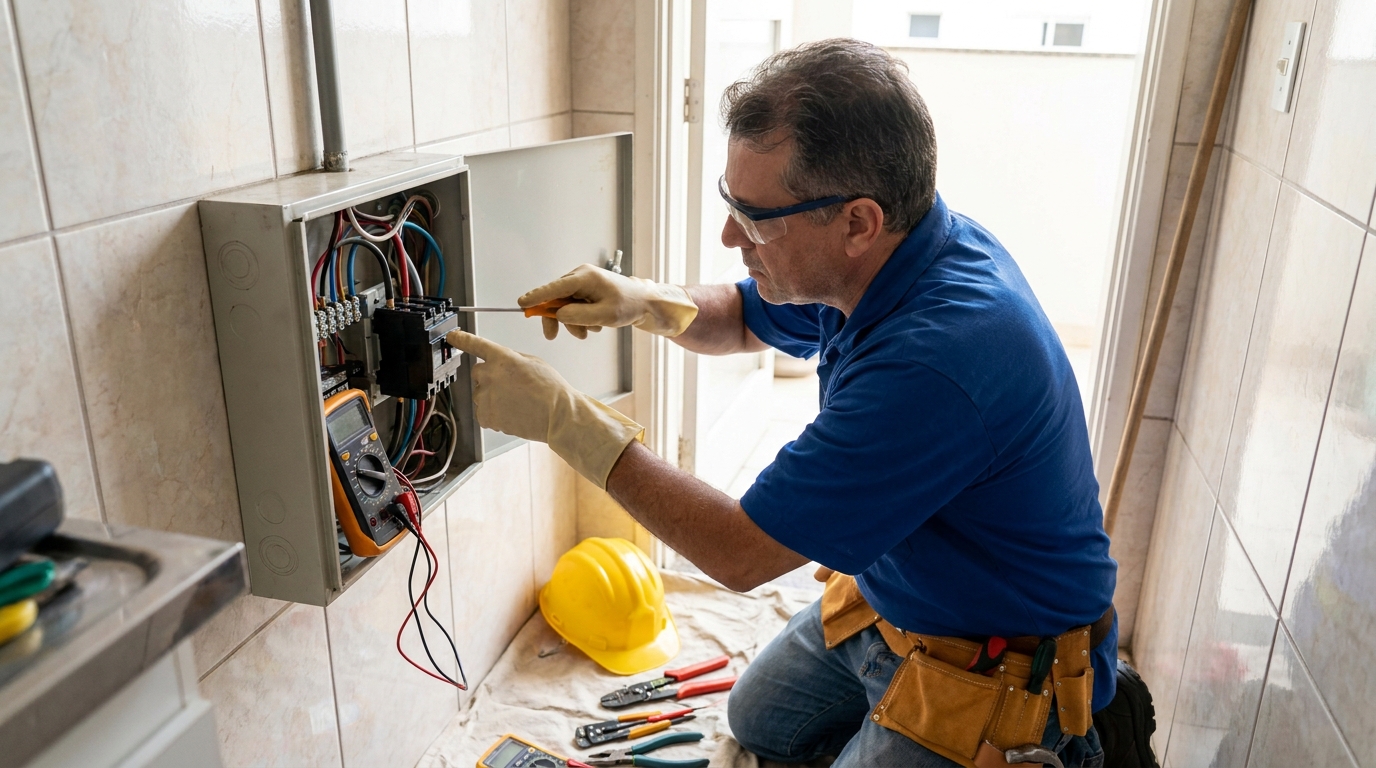 Eletricista instalando disjuntor em Itajaí‑SC