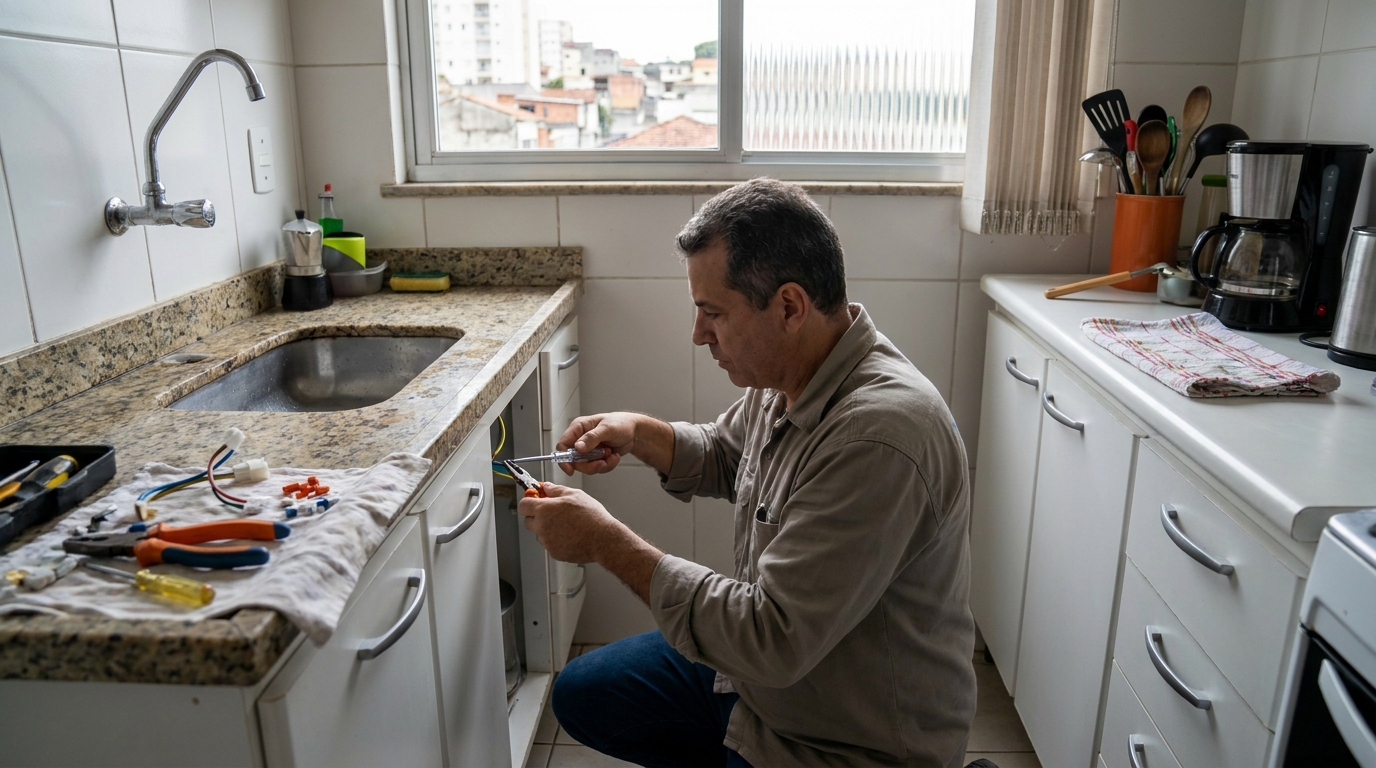 Eletricista instalando torneira eletrica em Itajaí‑SC
