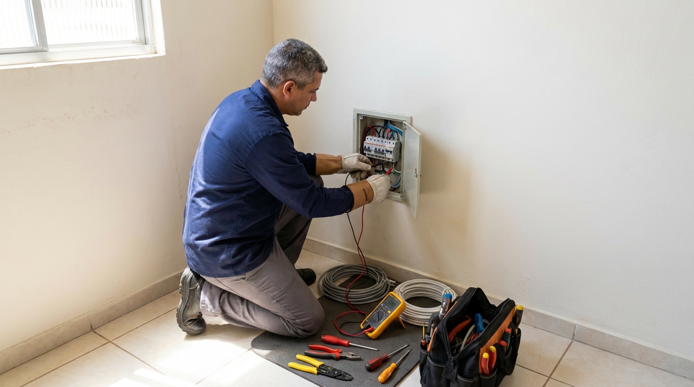 Eletricista realizando manutencao em Itajaí‑SC