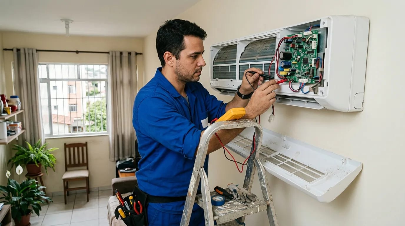 Eletricista ligando a placa do ar-condicionado split em Itajaí‑SC